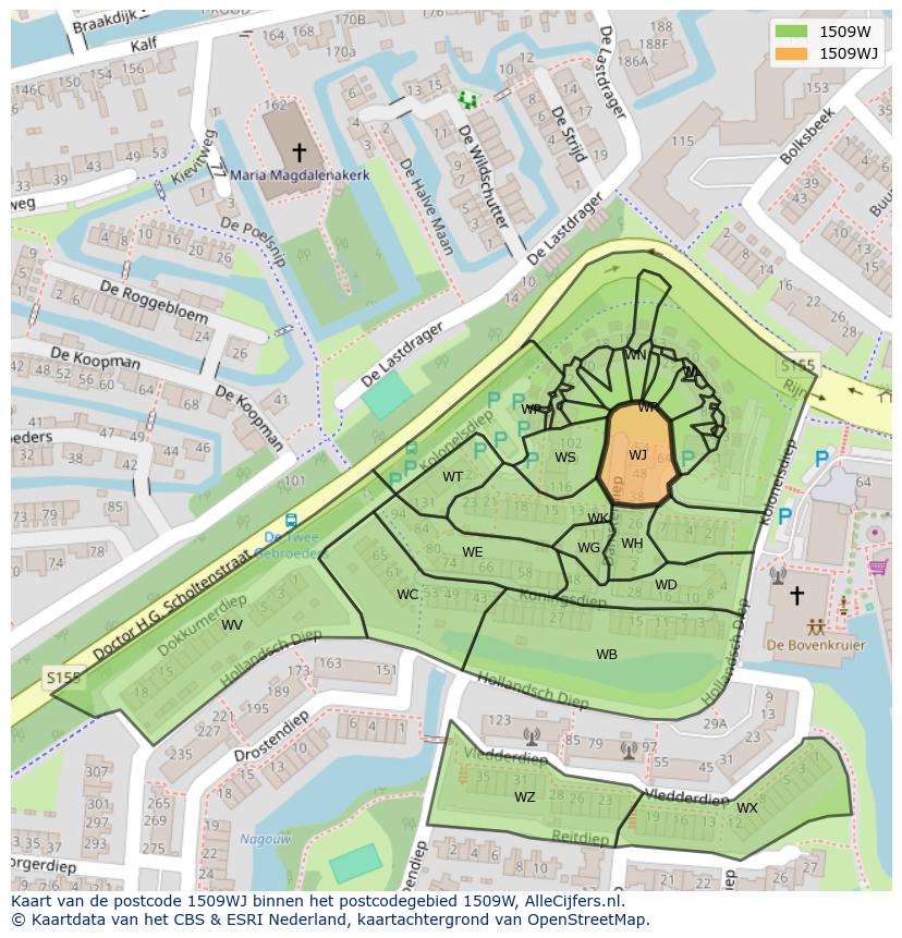Afbeelding van het postcodegebied 1509 WJ op de kaart.