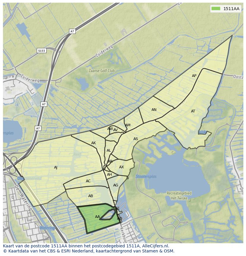 Afbeelding van het postcodegebied 1511 AA op de kaart.