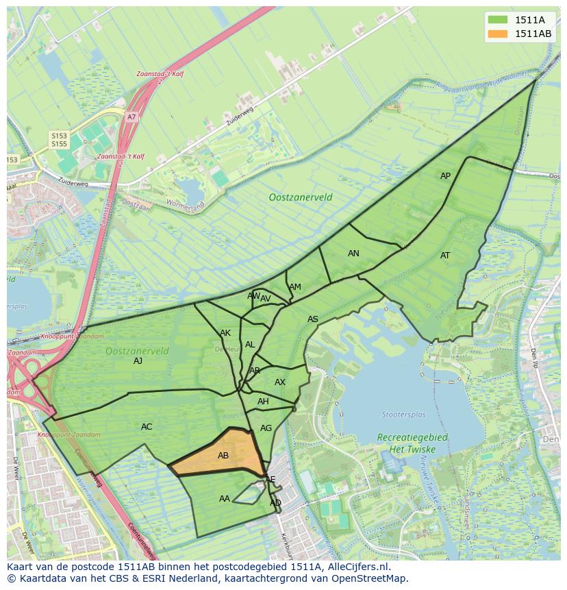 Afbeelding van het postcodegebied 1511 AB op de kaart.