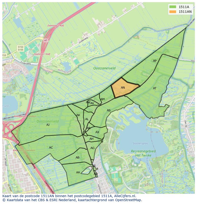 Afbeelding van het postcodegebied 1511 AN op de kaart.