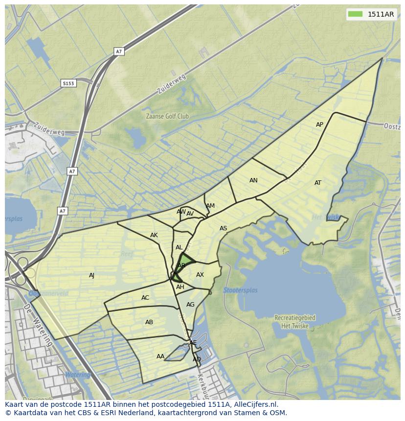 Afbeelding van het postcodegebied 1511 AR op de kaart.