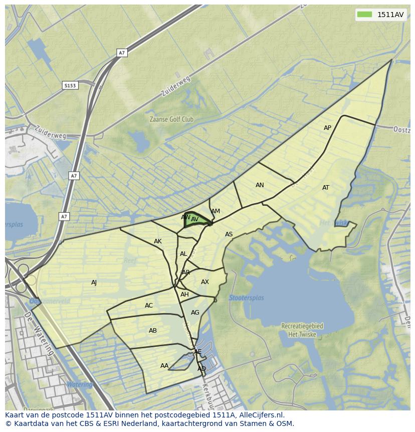 Afbeelding van het postcodegebied 1511 AV op de kaart.
