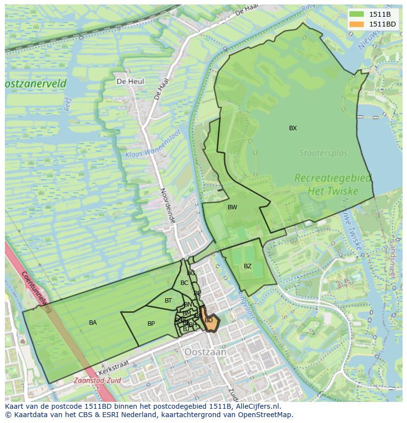 Afbeelding van het postcodegebied 1511 BD op de kaart.