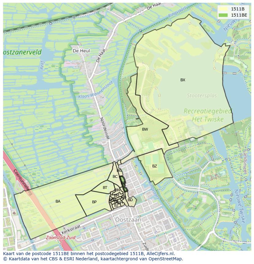 Afbeelding van het postcodegebied 1511 BE op de kaart.