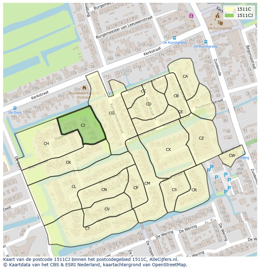 Afbeelding van het postcodegebied 1511 CJ op de kaart.