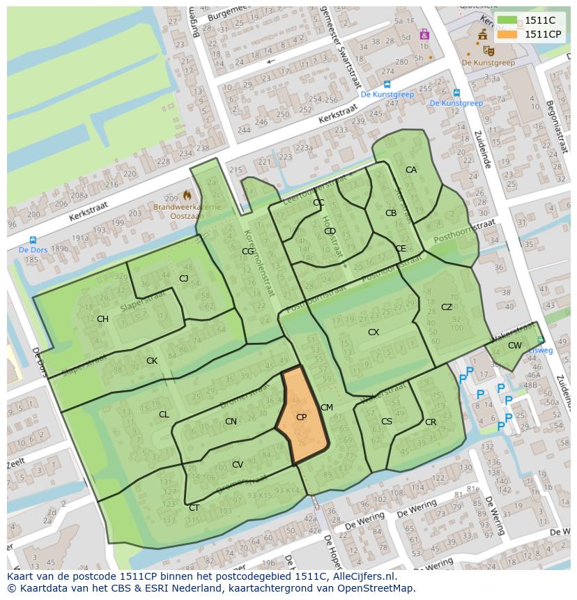 Afbeelding van het postcodegebied 1511 CP op de kaart.