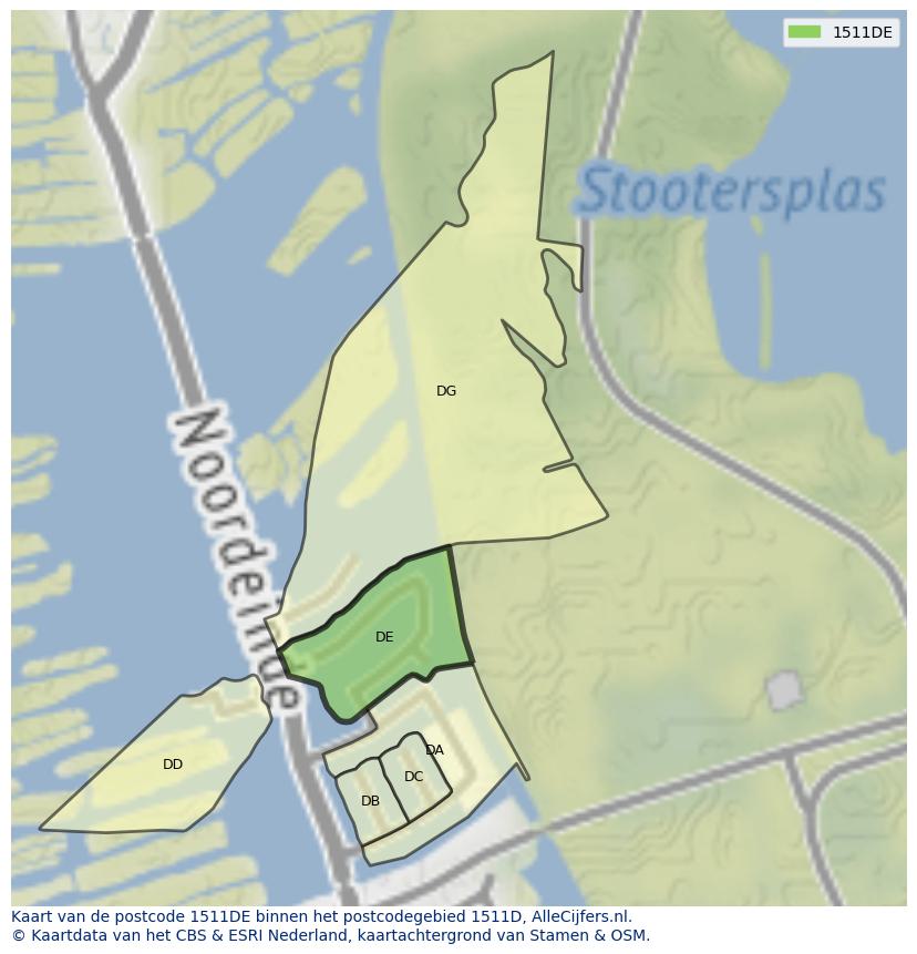Afbeelding van het postcodegebied 1511 DE op de kaart.