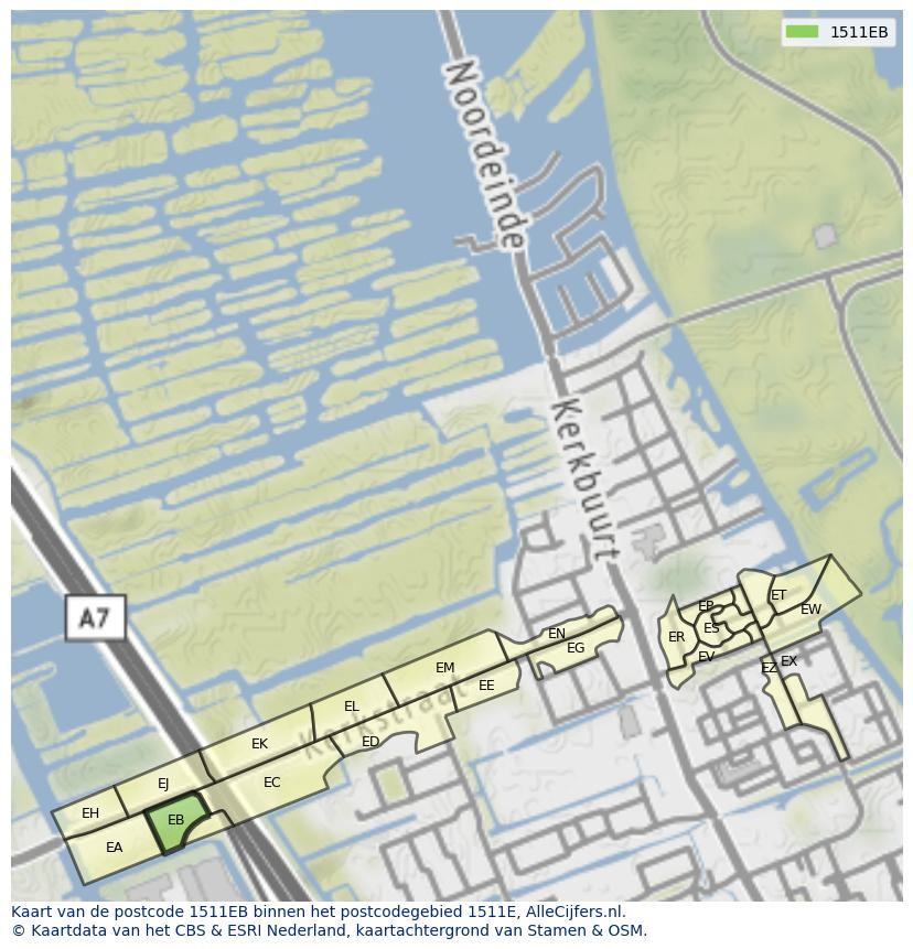 Afbeelding van het postcodegebied 1511 EB op de kaart.