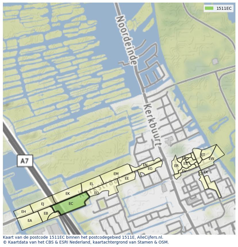 Afbeelding van het postcodegebied 1511 EC op de kaart.