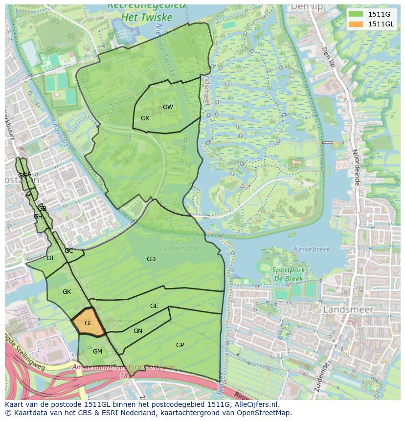 Afbeelding van het postcodegebied 1511 GL op de kaart.