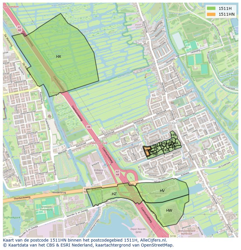 Afbeelding van het postcodegebied 1511 HN op de kaart.