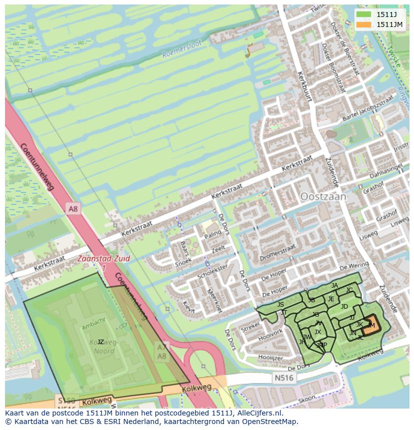 Afbeelding van het postcodegebied 1511 JM op de kaart.