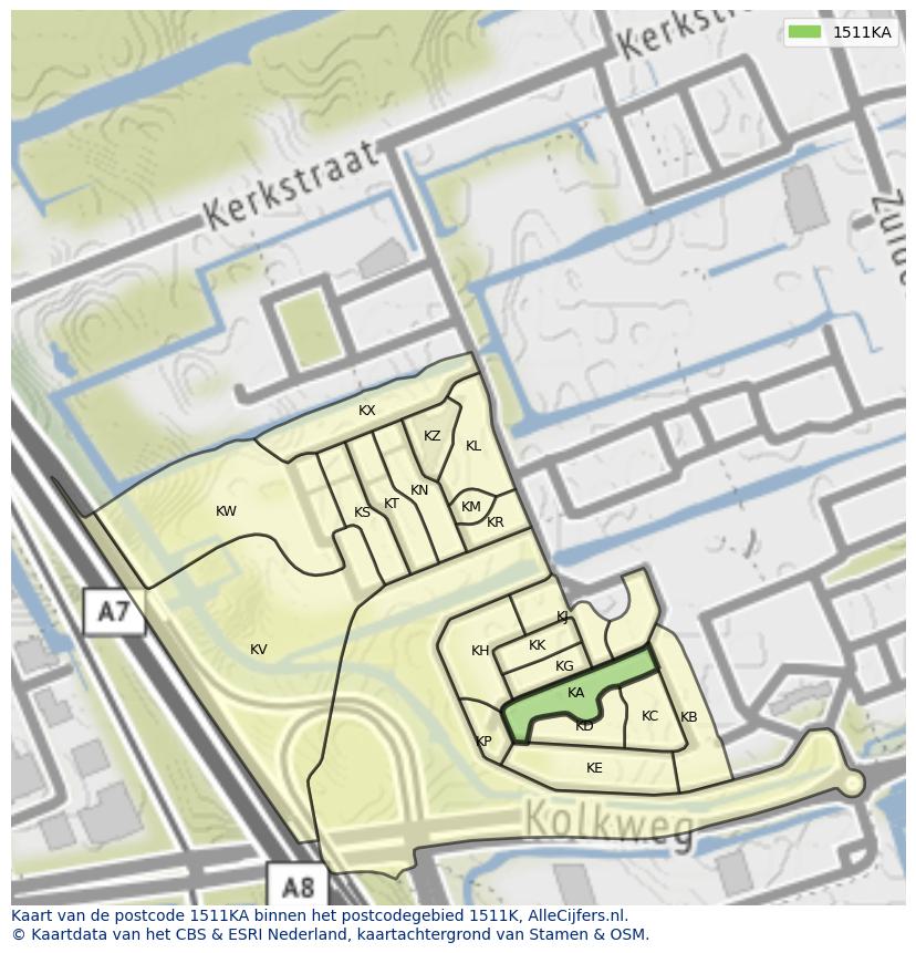 Afbeelding van het postcodegebied 1511 KA op de kaart.