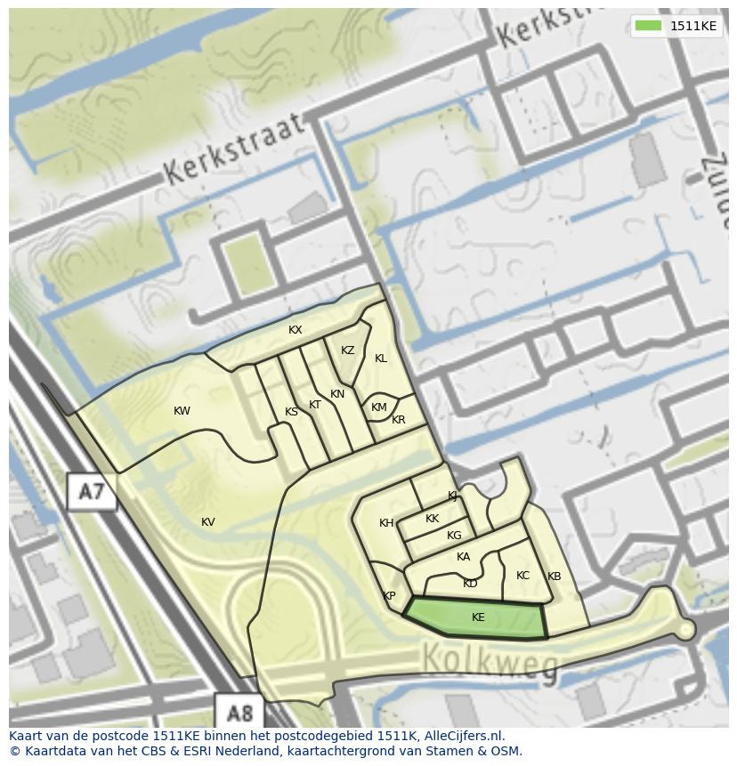 Afbeelding van het postcodegebied 1511 KE op de kaart.