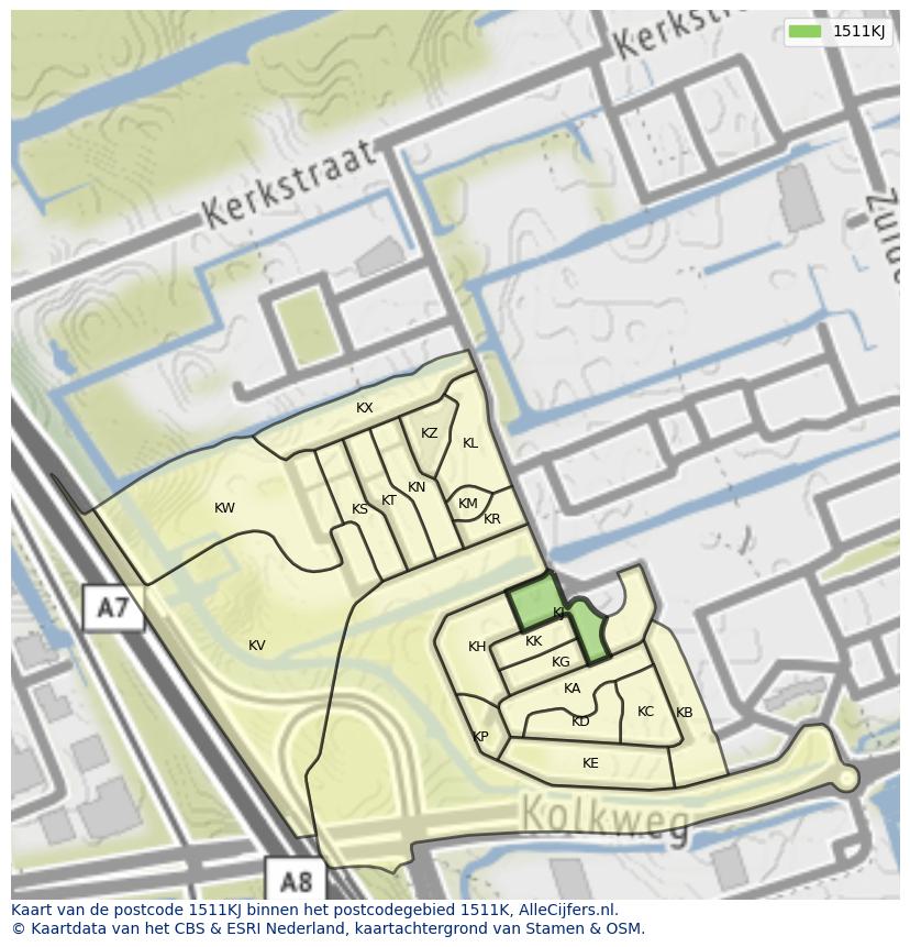 Afbeelding van het postcodegebied 1511 KJ op de kaart.