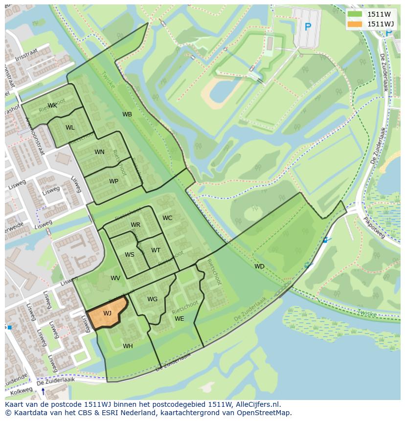 Afbeelding van het postcodegebied 1511 WJ op de kaart.