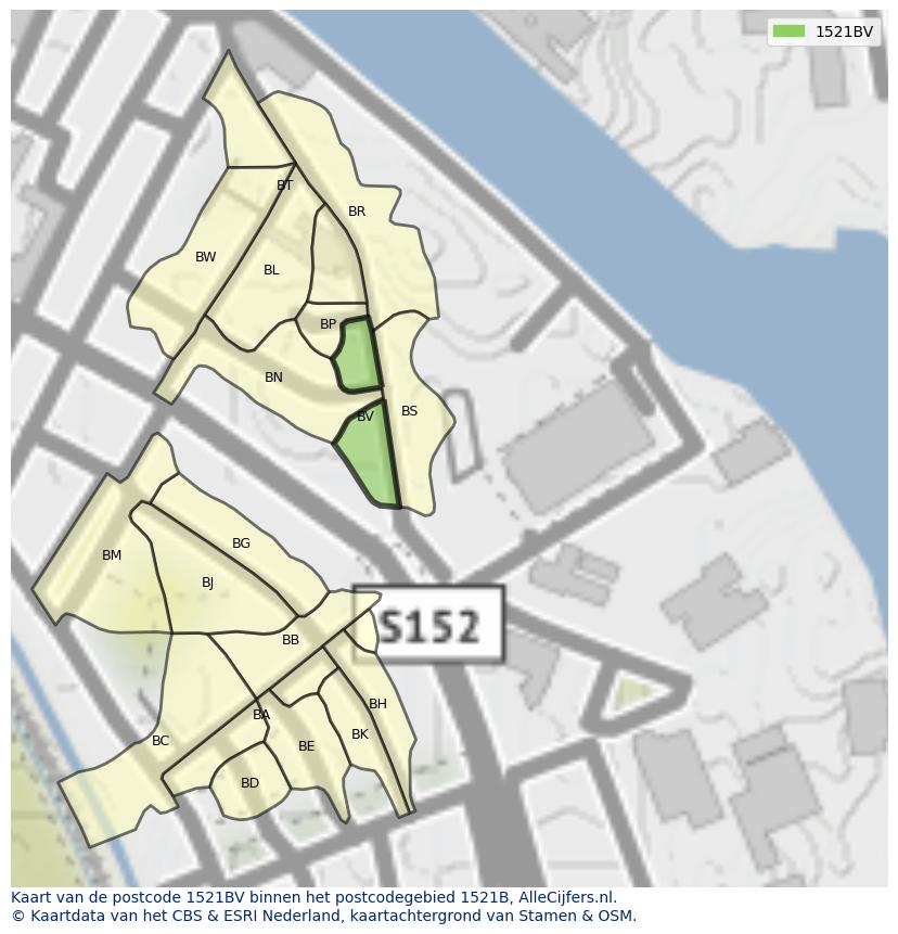 Afbeelding van het postcodegebied 1521 BV op de kaart.