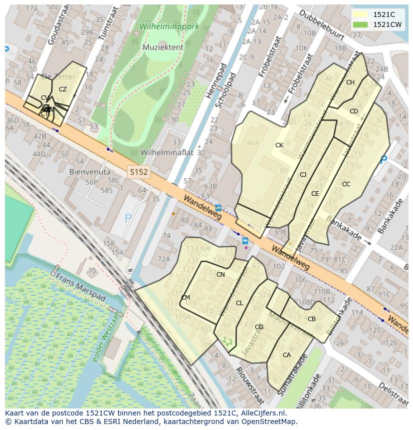 Afbeelding van het postcodegebied 1521 CW op de kaart.