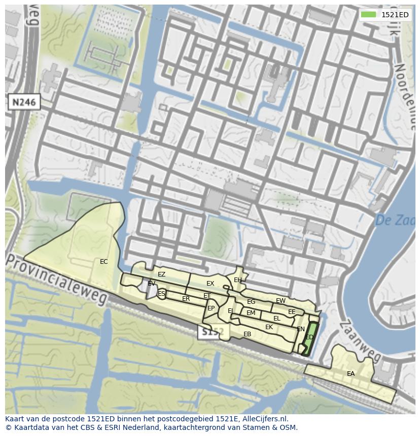 Afbeelding van het postcodegebied 1521 ED op de kaart.