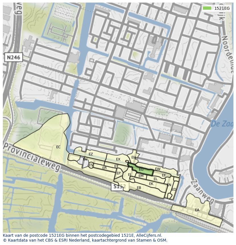 Afbeelding van het postcodegebied 1521 EG op de kaart.