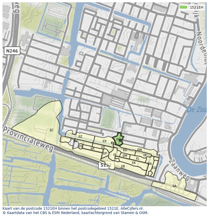 Afbeelding van het postcodegebied 1521 EH op de kaart.