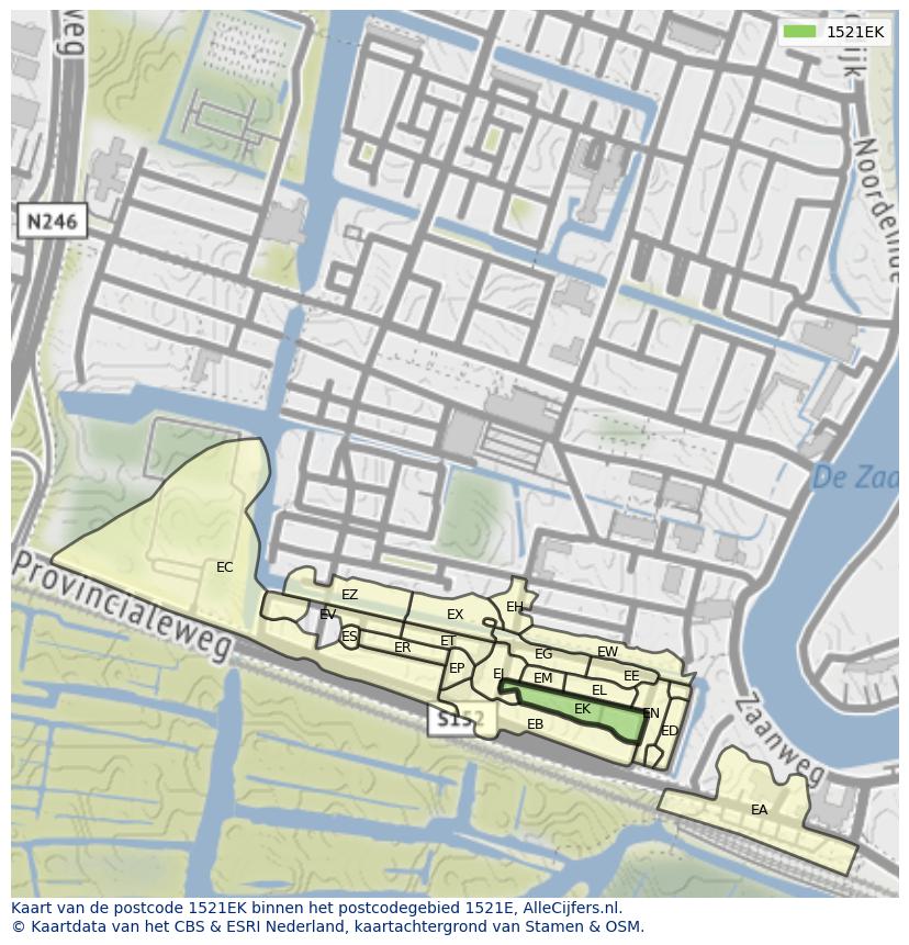 Afbeelding van het postcodegebied 1521 EK op de kaart.