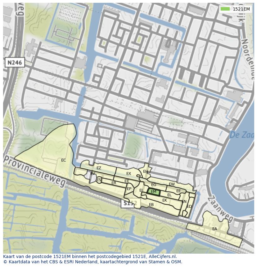 Afbeelding van het postcodegebied 1521 EM op de kaart.