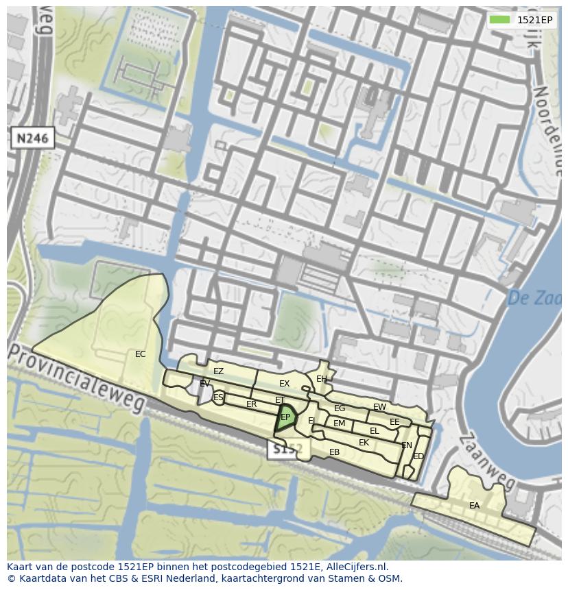 Afbeelding van het postcodegebied 1521 EP op de kaart.
