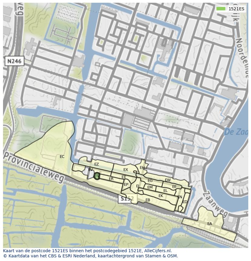 Afbeelding van het postcodegebied 1521 ES op de kaart.