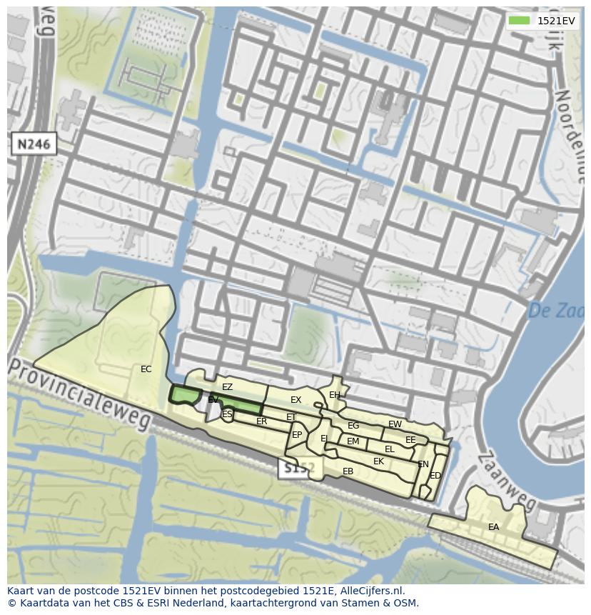 Afbeelding van het postcodegebied 1521 EV op de kaart.