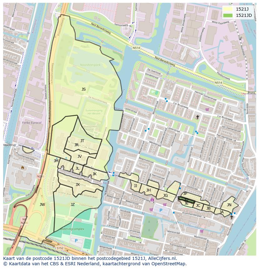 Afbeelding van het postcodegebied 1521 JD op de kaart.