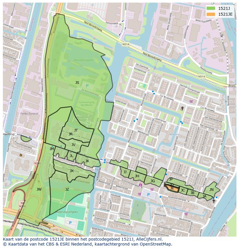 Afbeelding van het postcodegebied 1521 JE op de kaart.