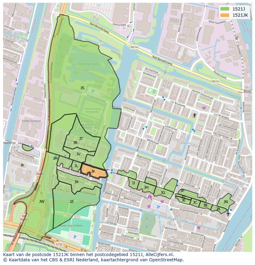 Afbeelding van het postcodegebied 1521 JK op de kaart.