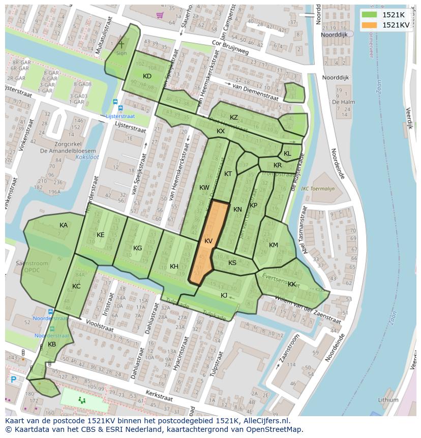 Afbeelding van het postcodegebied 1521 KV op de kaart.