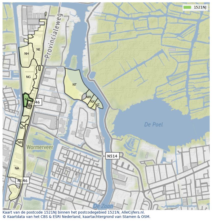 Afbeelding van het postcodegebied 1521 NJ op de kaart.
