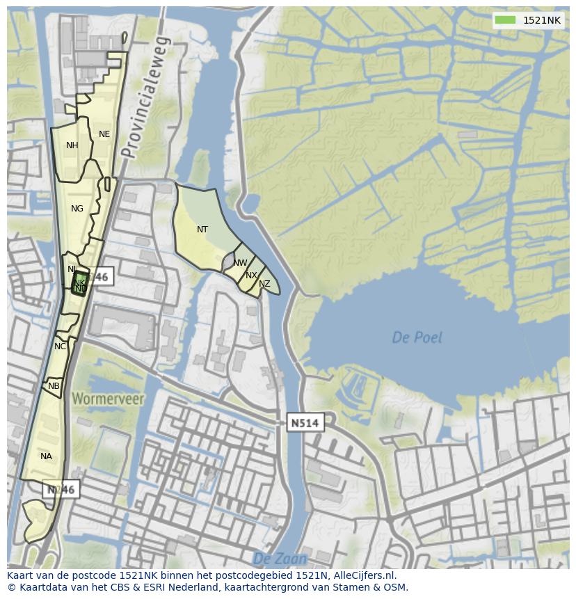 Afbeelding van het postcodegebied 1521 NK op de kaart.
