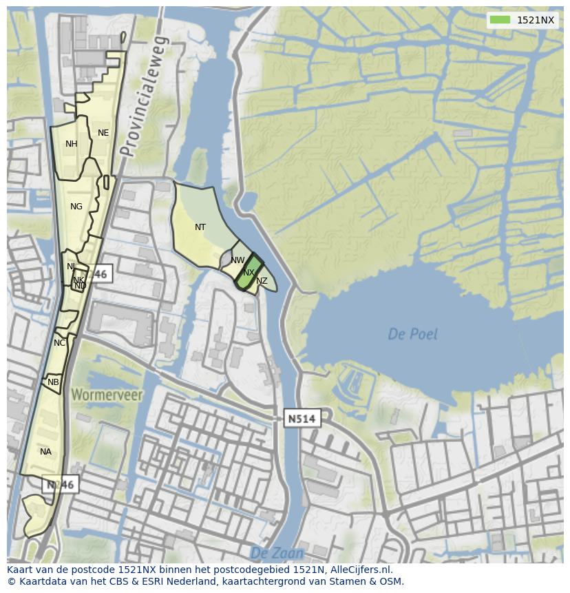 Afbeelding van het postcodegebied 1521 NX op de kaart.