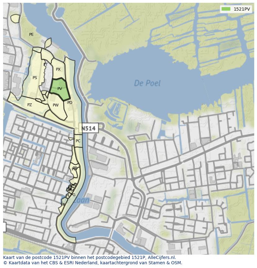 Afbeelding van het postcodegebied 1521 PV op de kaart.