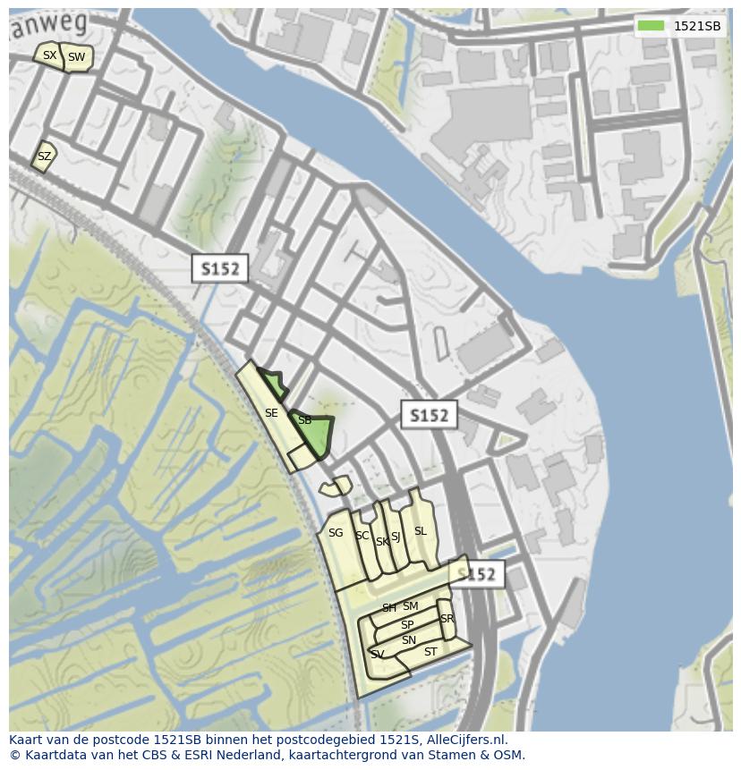 Afbeelding van het postcodegebied 1521 SB op de kaart.