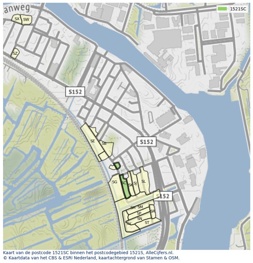 Afbeelding van het postcodegebied 1521 SC op de kaart.