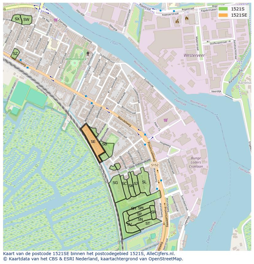 Afbeelding van het postcodegebied 1521 SE op de kaart.