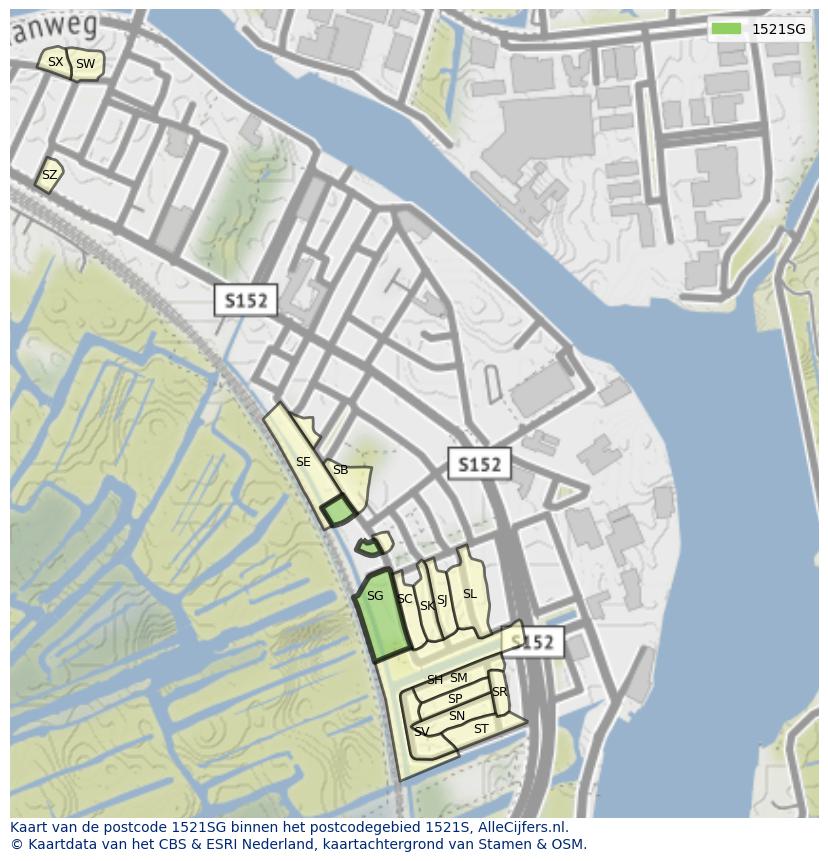 Afbeelding van het postcodegebied 1521 SG op de kaart.
