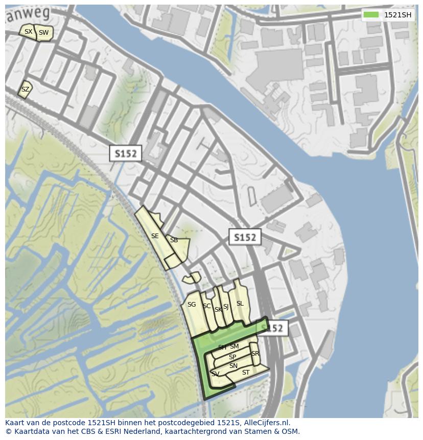 Afbeelding van het postcodegebied 1521 SH op de kaart.