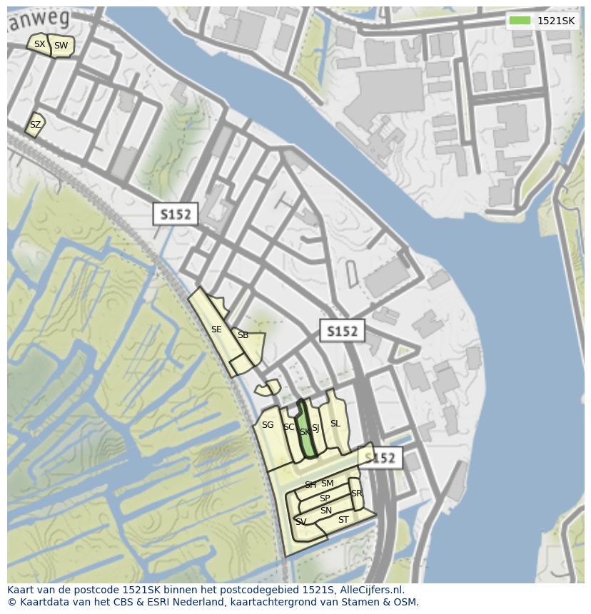Afbeelding van het postcodegebied 1521 SK op de kaart.