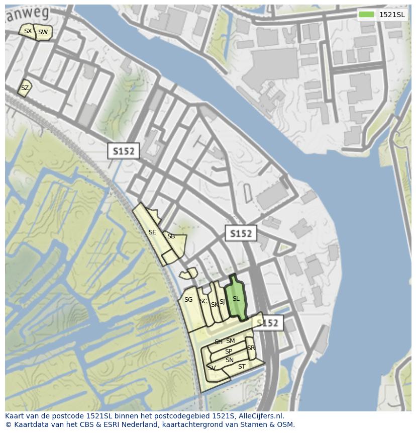 Afbeelding van het postcodegebied 1521 SL op de kaart.