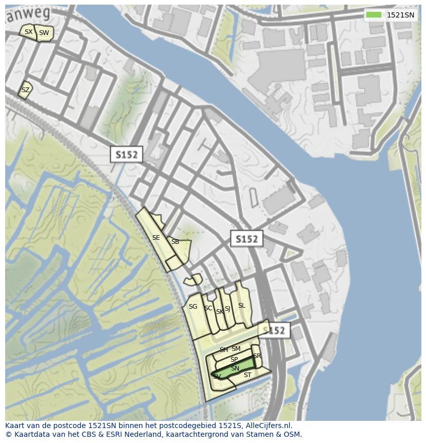 Afbeelding van het postcodegebied 1521 SN op de kaart.