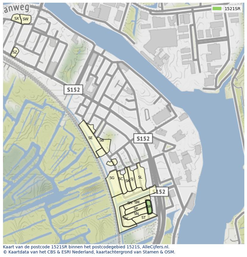 Afbeelding van het postcodegebied 1521 SR op de kaart.
