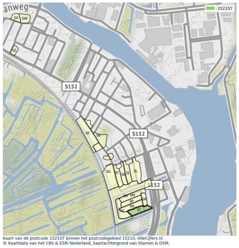 Afbeelding van het postcodegebied 1521 ST op de kaart.