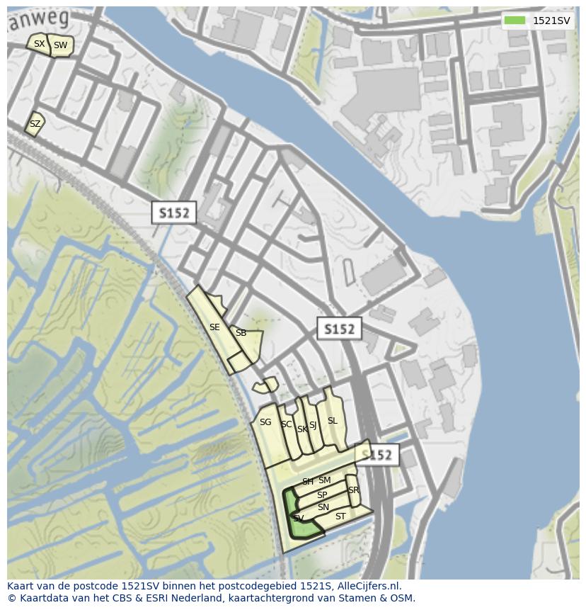 Afbeelding van het postcodegebied 1521 SV op de kaart.