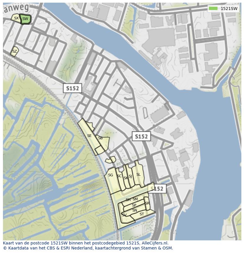 Afbeelding van het postcodegebied 1521 SW op de kaart.